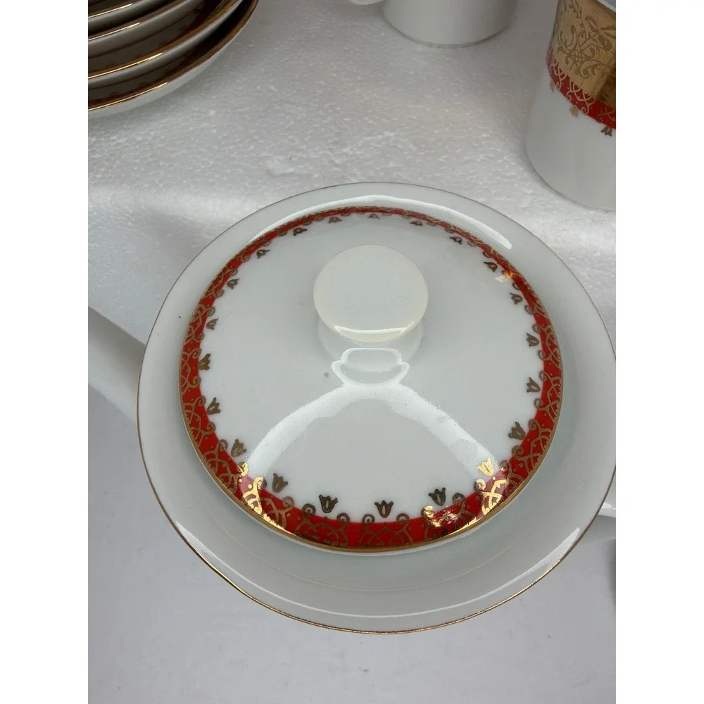 Vintage Epiag Czechoslovakia Porcelain Coffee Tea Set Gold Red 13 Piece Set